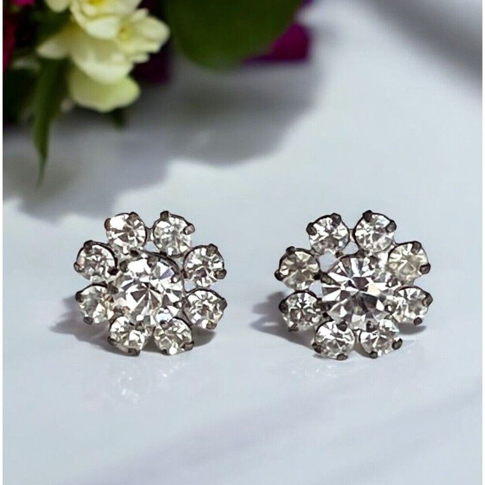 Vintage 1960s Rhinestone Stud Earrings Clear Crystal Silver Tone - 5M